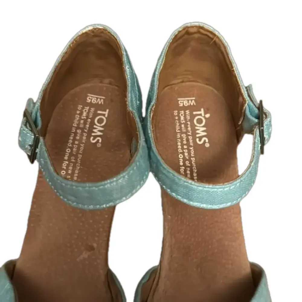 TOMS Shimmery Aqua Strappy Platform Cork Wedge Heels - Size 9.5